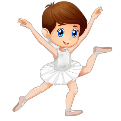 A cute cartoon illustration of A girl in white ballet costume dancing, full body with short brown hair and blue eyes, clip art style, isolated on black background