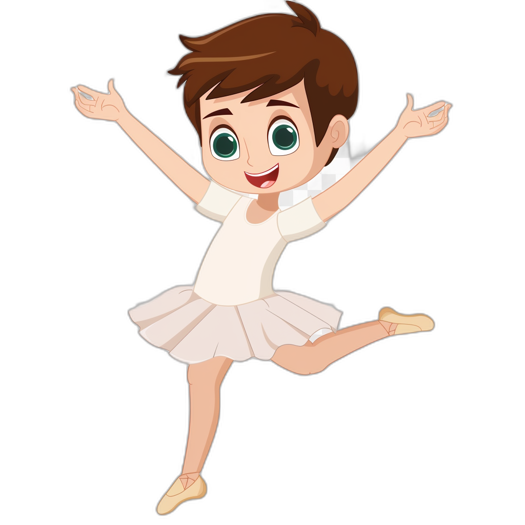 Cute cartoon ballet dancer boy, with brown hair and green eyes, wearing a white short tutu dancing in the air on a black background. A vector illustration for kids book in the style of Pixar.