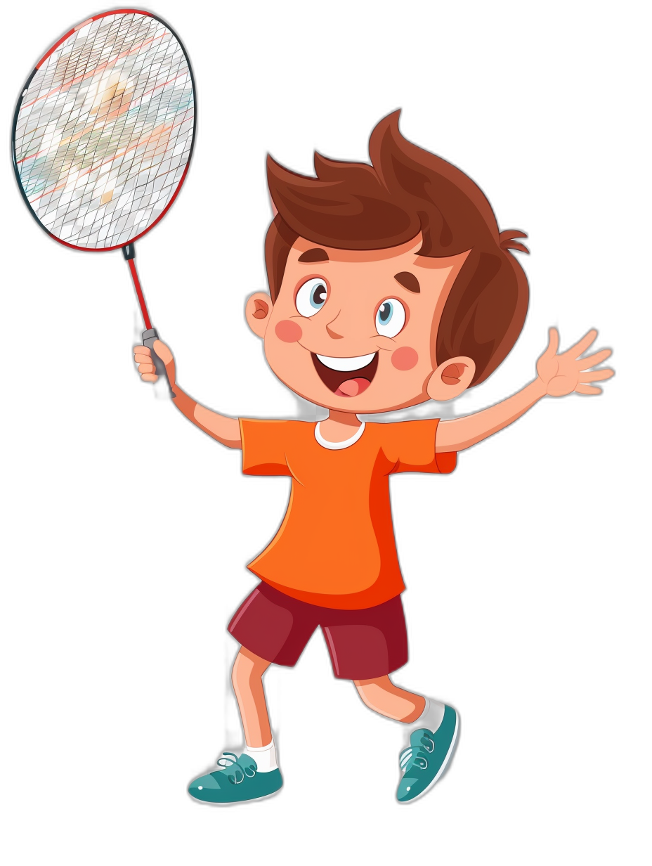 cartoon of a happy boy playing badminton in the style of clip art, isolated on a black background