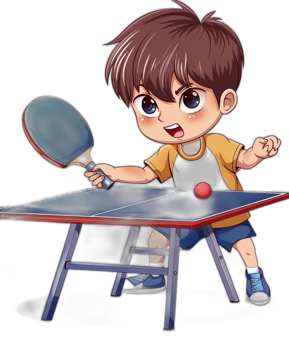 A cute cartoon boy playing table tennis in the style of a vector illustration, on a black background, at a high resolution.