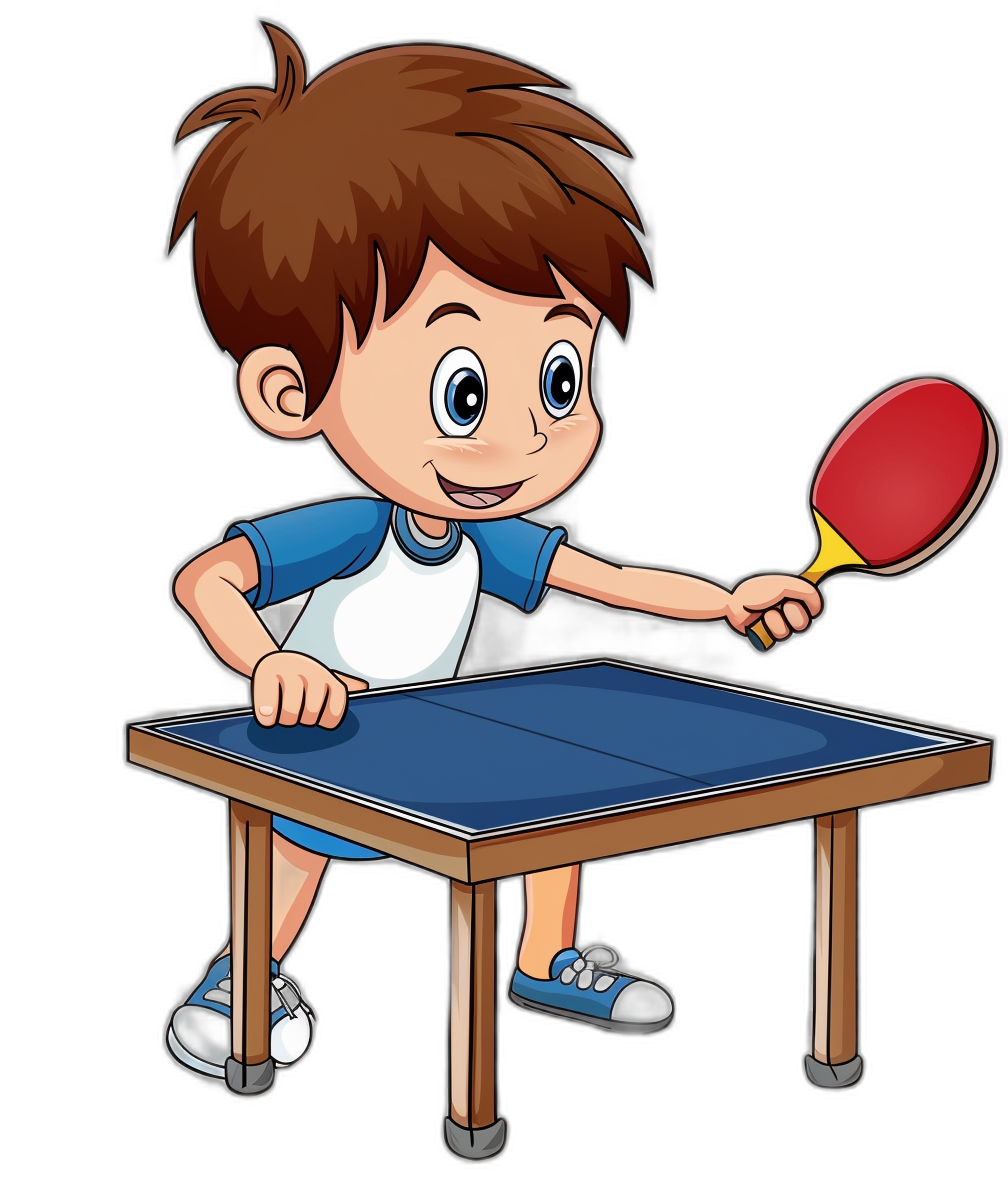 cartoon style of boy playing table tennis, clip art on black background