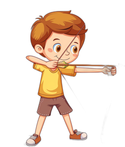 Cartoon style, flat illustration, full body shot of boy shooting a bow and arrow with both hands, yellow t-shirt and brown shorts, black background, simple lines, bright colors, children's book illustration style in the style of a children's book.