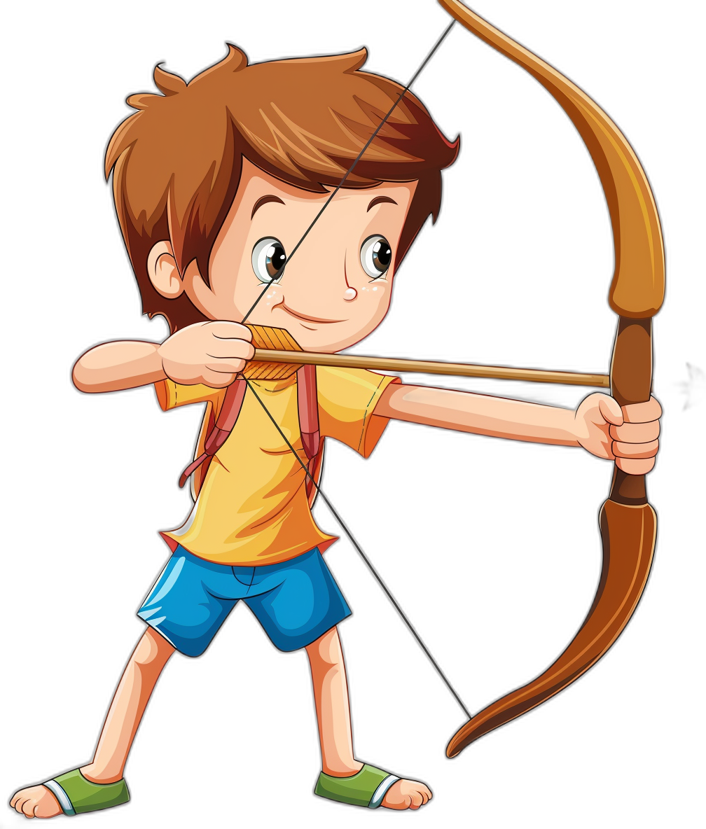 a cartoon of an archer boy with brown hair, yellow shirt and blue shorts shooting his bow on black background, clip art style