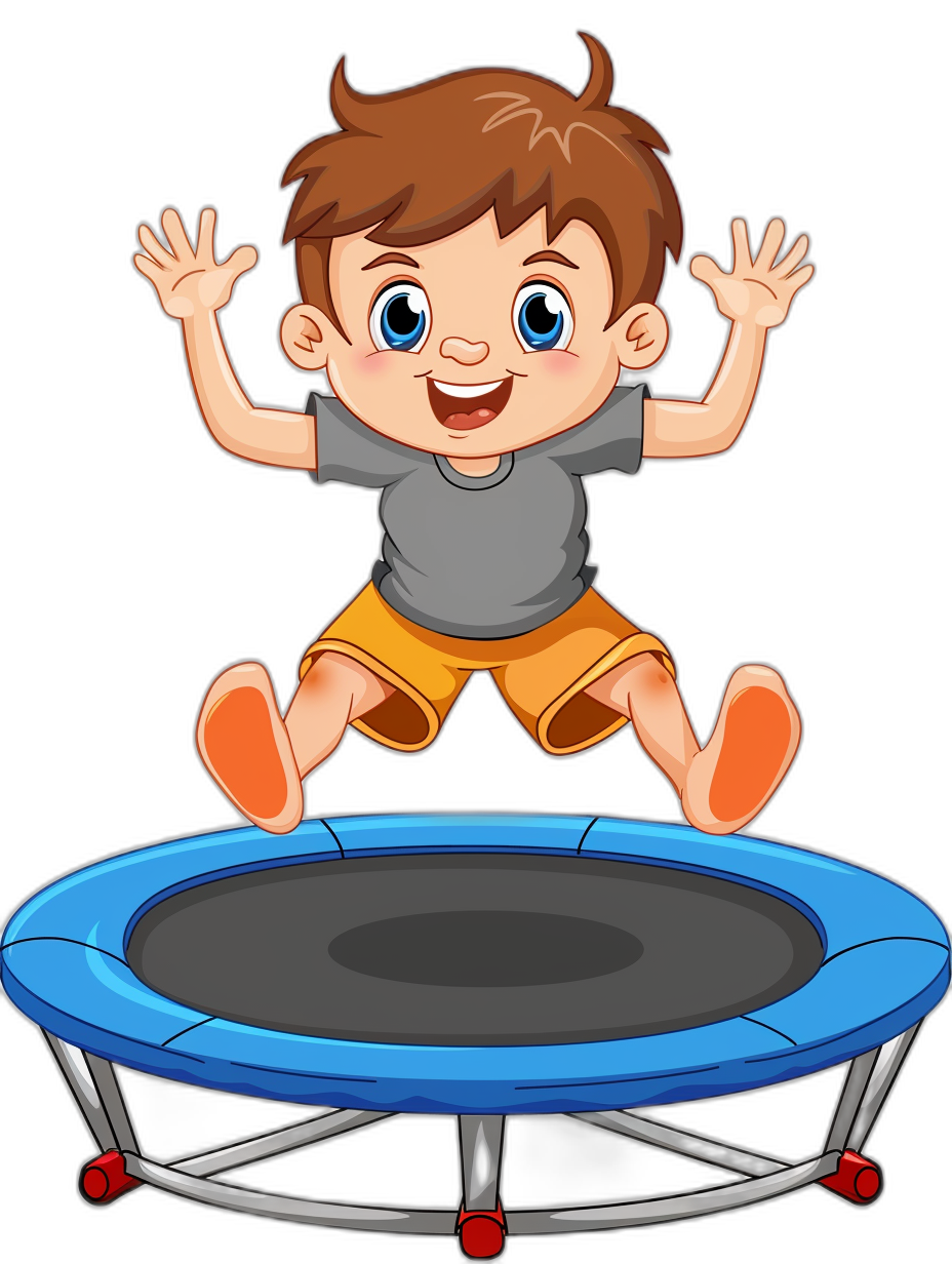 A cartoon vector illustration of an happy little boy jumping on the trampoline, black background clipart