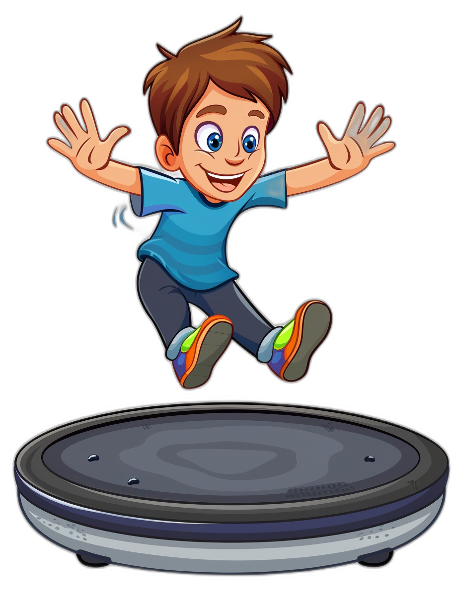 cartoon style, happy boy jumping on trampoline with dark background in the style of black background.