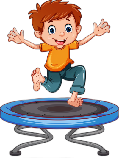 cartoon illustration of happy boy jumping on trampoline, isolated black background, high resolution vector