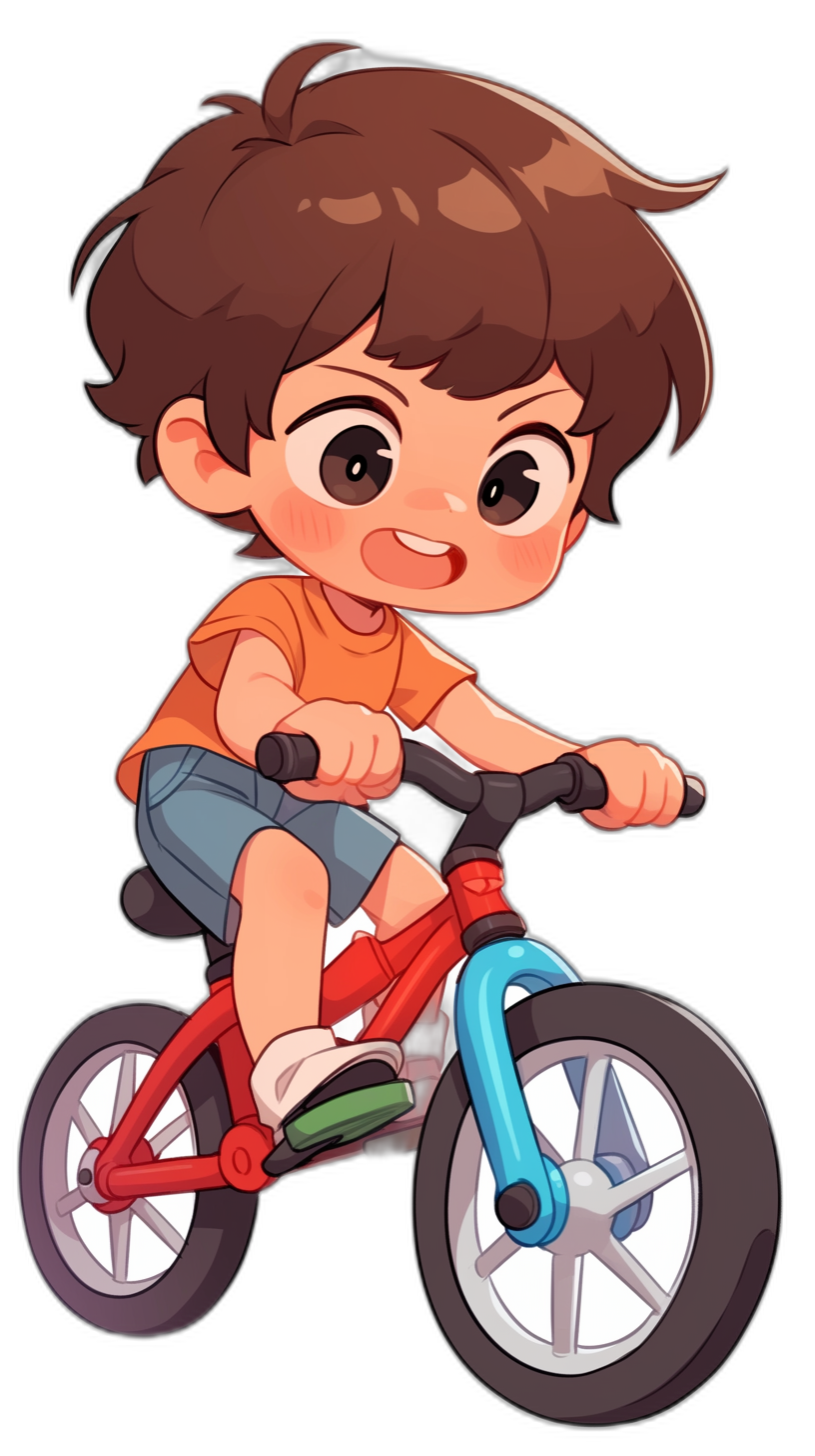 A cute cartoon boy is riding his bike, with brown hair and black eyes, wearing an orange t-shirt, blue shorts, and white socks on his feet. The style is reminiscent of Pixar, with a simple background and pure black background. It is a full body portrait with bright colors and a lively expression.