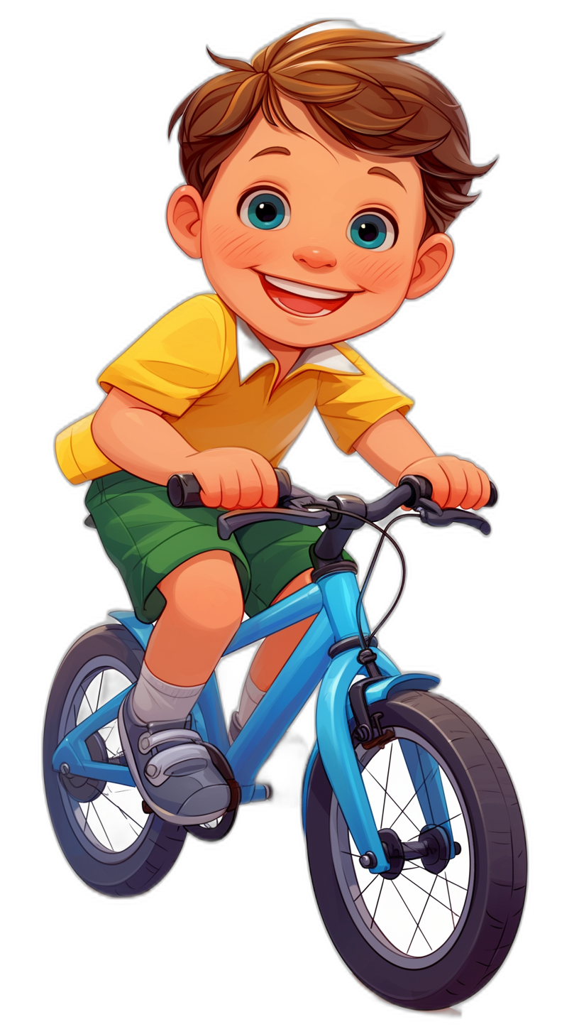 A cute cartoon boy riding his blue bike, smiling with big eyes and brown hair in the style of bright colors, Disney Pixar characters, black background, green shorts and yellow shirt, high resolution, Disney animation, cartoon character design, full body shot, detailed facial features, colorful , cartoon character illustration.