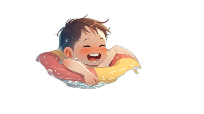 A cute little baby is floating on an inflatable ring in the water, laughing happily with his eyes closed and hands up, with a black background. The drawing is in the style of a cartoon, with a simple drawing style using simple lines and flat color blocks with simple details and solid colors in warm tones. The design is like a cartoon character with high definition resolution and high quality details.