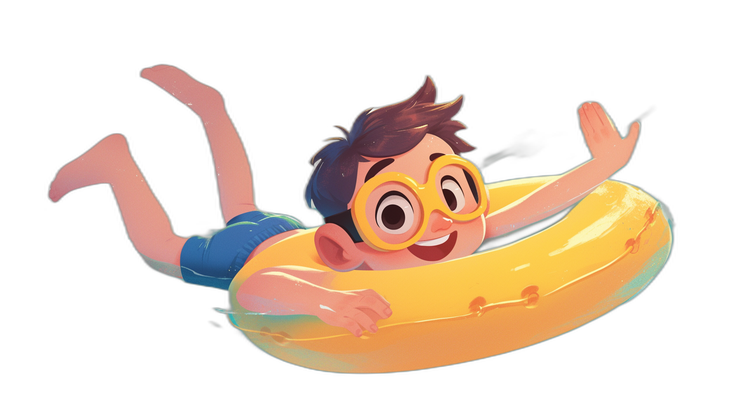 A cute cartoon boy with glasses is lying on his back in an inflatable ring, floating and swimming happily in the air against a black background. The style is reminiscent of Pixar with simple strokes, details, and lines. The illustration design uses colorful, highly saturated and bright colors that give a lively atmosphere full of vitality.