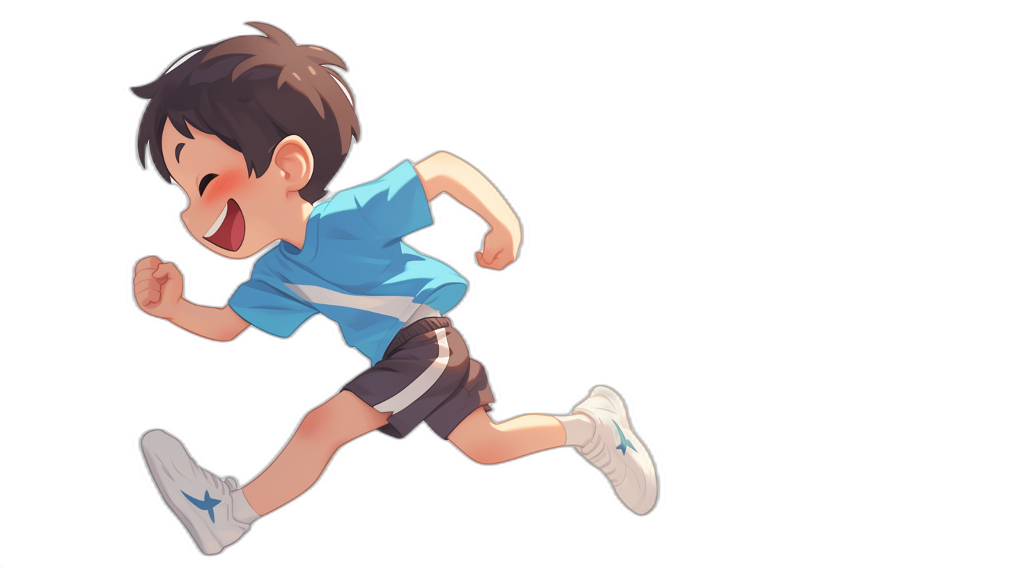 Side view of a little boy running and smiling with his mouth closed and eyes open. He is wearing a blue t-shirt, white shoes, and black shorts. The style is similar to anime with a simple, flat illustration style showing his full body against a pure dark background with a 2D effect. The image is high resolution, high detail, high quality, and high contrast.