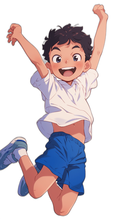 A happy boy in a white shirt and blue shorts is jumping up against a black background in the style of Ghibli's anime style.