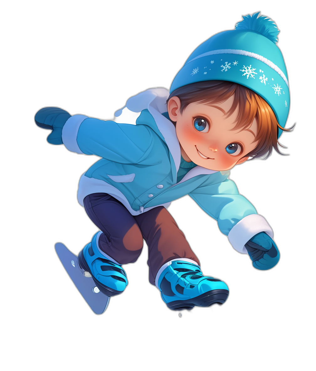 Cute cartoon boy ice skating, wearing a blue hat and jacket with a black background, high quality, high resolution, wearing dark brown pants and sky-blue shoes, with a cute expression, as a full body portrait, in the style of anime, in the style of cartoon, high definition.