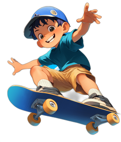 A cartoon boy in a blue cap and t-shirt, brown shorts is doing a skateboard trick on a dark background. He has black hair with bangs and big eyes smiling happily wearing white socks and gray shoes. The focus of the illustration should be on his face and hand gestures as he glides through the air. In the style of A-Interior. Isolated black background. Full body shot in the [Studio Ghibli](https://goo.gl/search?artist%20Studio%20Ghibli) style anime illustration artstyle.