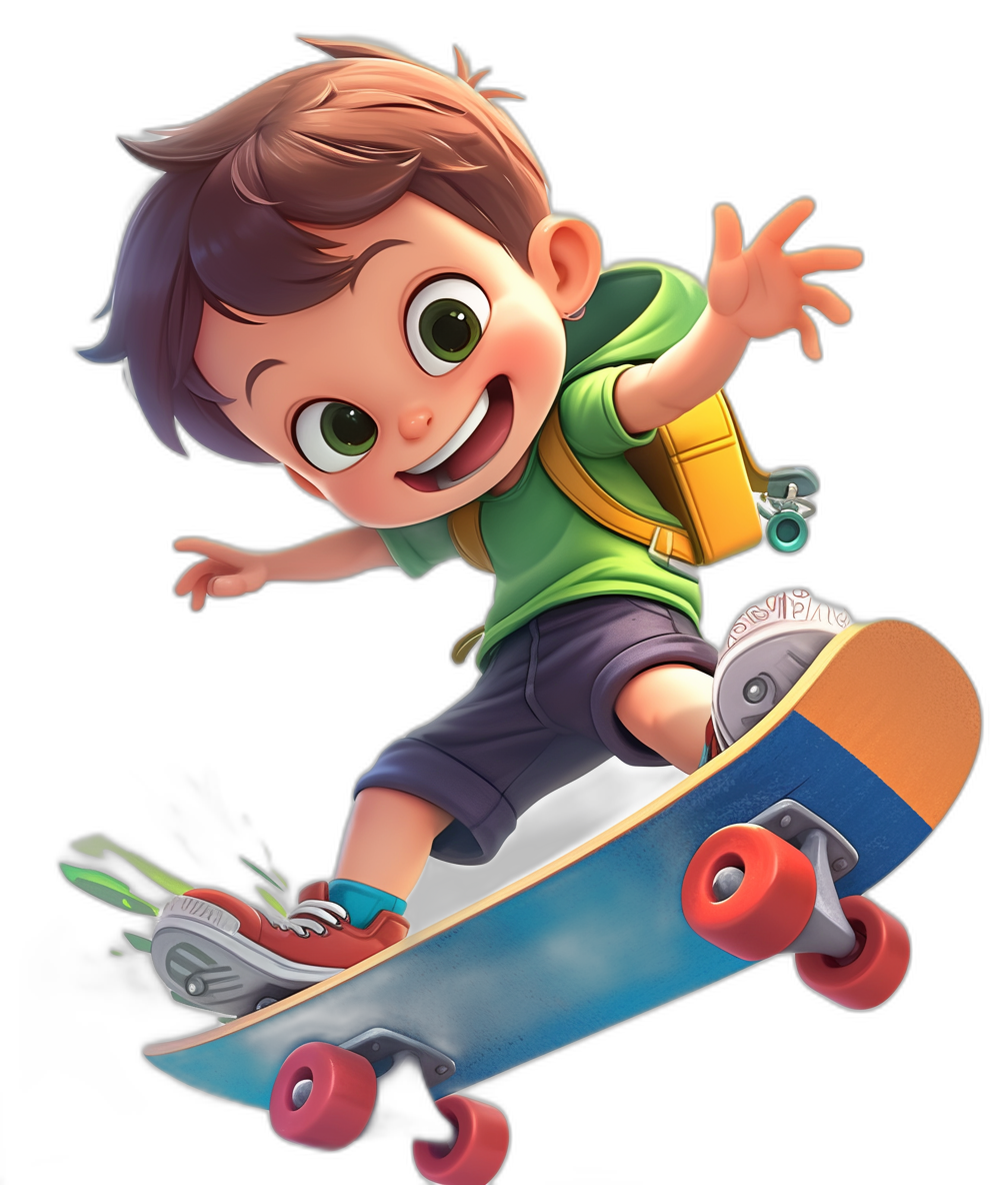 A cute cartoon boy with brown hair and green eyes is riding on his skateboard against a black background, in the style of Disney Pixar, digital art.