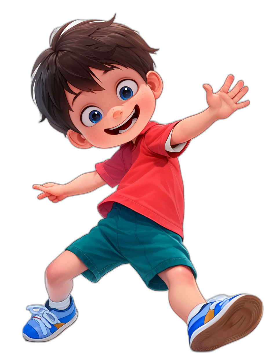 A cute boy, full body shot, happy expression, jumping up and down with one hand raised to the side in the style of Pixar. He is wearing red short sleeves and blue shorts, dark brown hair, big eyes, white skin tone, and sports shoes on his feet. Black background.
