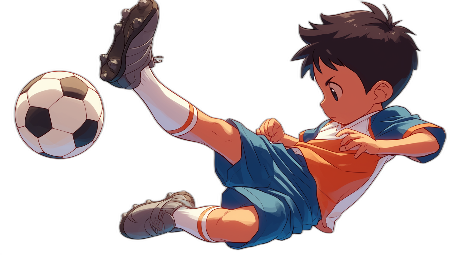 A cartoon boy kicking a ball in soccer with a black background in the style of Ghibli and in an anime style.