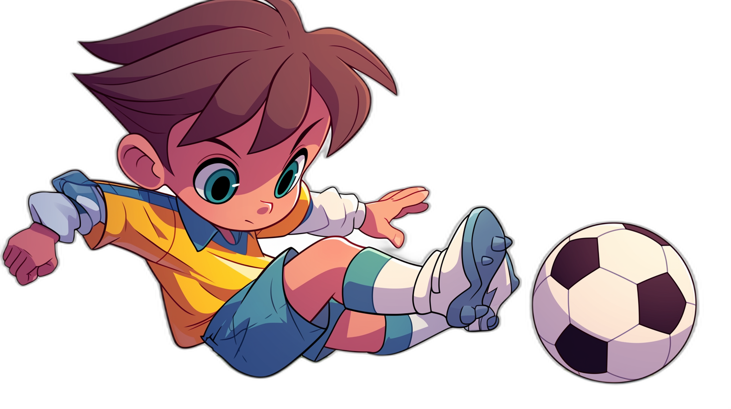 A cartoon boy kicking a soccer ball in the style of anime, with a character design for 2D game art. The illustration is colorful, vector, with a simple black background. It has high resolution, quality and detail, with sharp focus and no blur, depth of field, gradient shading, shadows or blur.