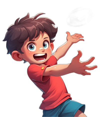 A cute boy with brown hair, wearing blue shorts and a red t-shirt smiling excitedly while reaching out his hand to grab something in the air. Simple facial expressions and a Disney style character design on a black background with a bright color scheme.