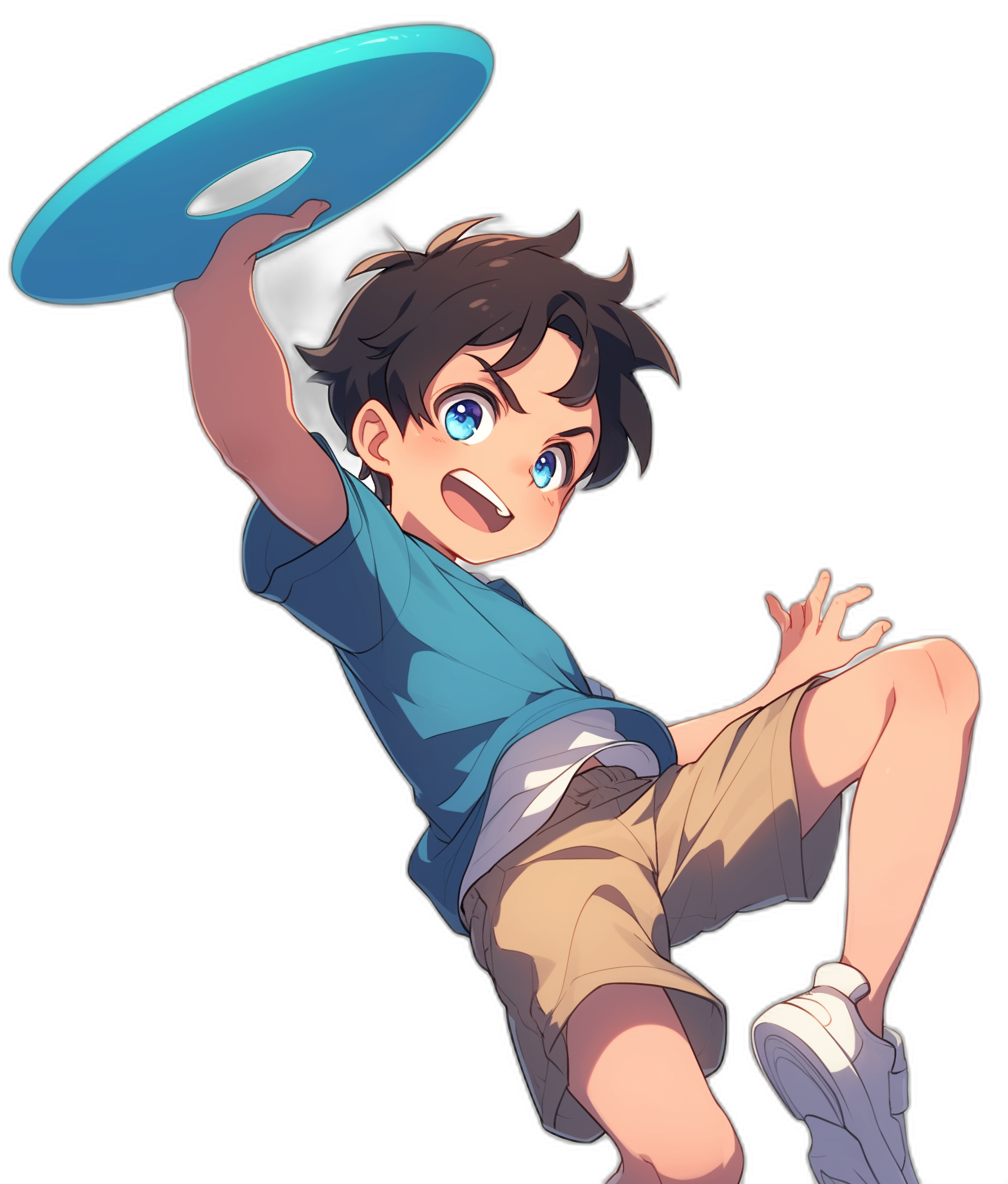 A young boy with dark hair and blue eyes, wearing shorts and sneakers, is playing frisbee on the black background in the style of anime. He has his left hand up to block sunlight from reaching as he throws an iridescent disc across him, smiling happily at us. The overall mood of the scene should be cheerful and playful, capturing movement and energy in both the expressions and poses of the characters.