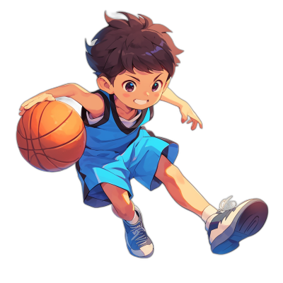 A cute little boy is playing basketball, wearing blue shorts and sneakers with white soles on his feet. He has short brown hair and bright eyes that sparkle as he jumps up to dunk the ball in front of him. The background is black, highlighting her vibrant colors., Anime style character design , [Studio Ghibli](https://goo.gl/search?artist%20Studio%20Ghibli) style