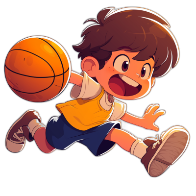 A cartoon-style boy playing basketball, running and dribbling the ball with his right hand. Black background, Vector illustration style. A cute little Asian girl character in bright  is smiling happily while jumping to dunk the basket. The entire body of characters should be shown.