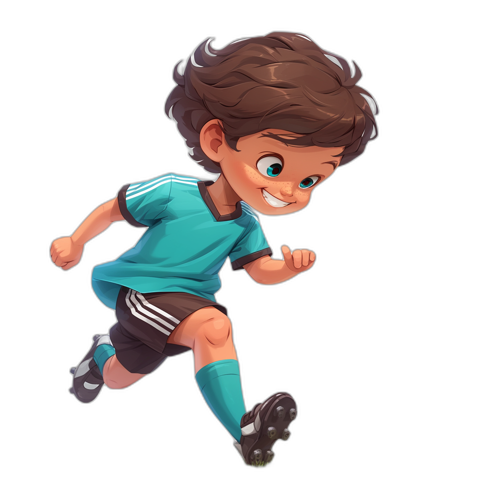 Illustration of a cute boy in a soccer uniform running against a black background in the cartoon style of 2D game art and Pixar. The high resolution artwork shows the full-body shot of the character from a low camera angle with high detail and vibrant colors. The cheerful mood is conveyed through the dark brown-haired, blue-eyed boy wearing a green jersey with short sleeves and teal shorts, white shoes on his feet. The high quality, high definition image has high contrast.