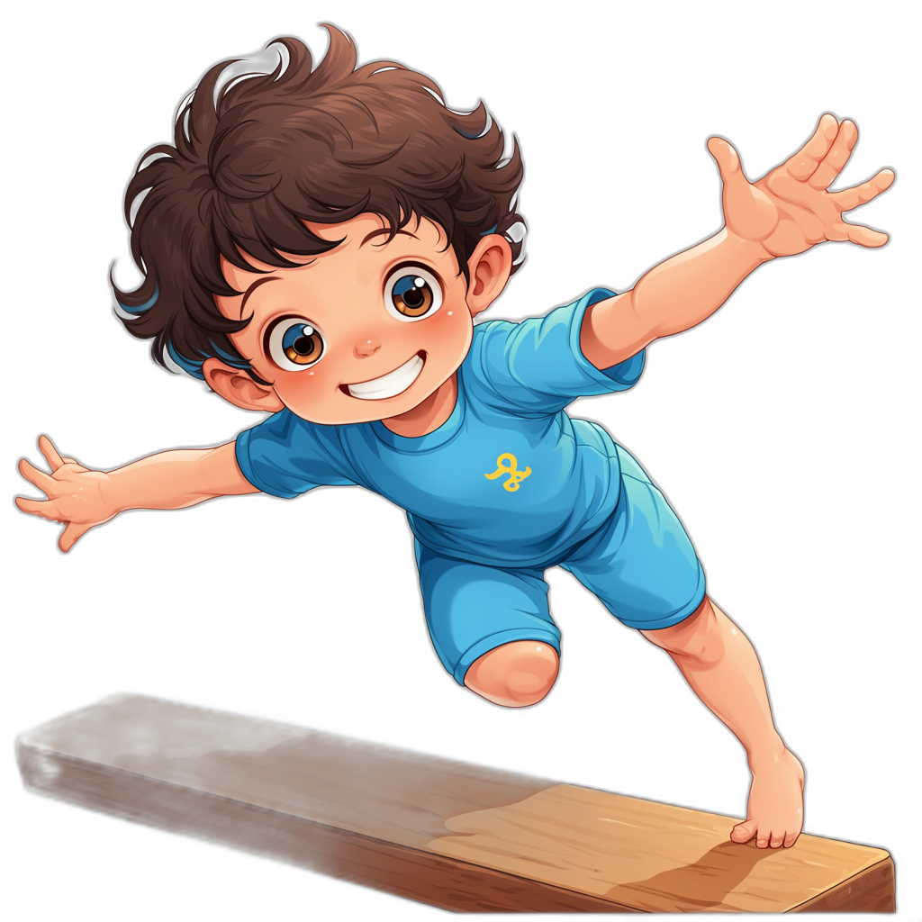 a cartoon illustration of an smiling young boy with brown hair in blue gymnastics outfit, jumping on balance beam, black background, simple and cute style, clip art for stickers, hyper-realistic digital painting