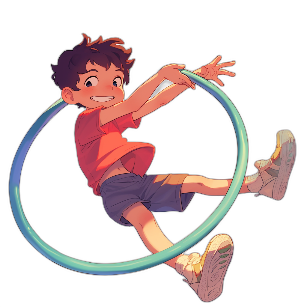 A young boy in shorts and a t-shirt, smiling while spinning the hula hoop around his waist. The illustration is done in the style of anime with bright colors against a black background. He has brown hair and wears sneakers on his feet. His hand is outstretched towards us as he twirls inside the hula hoop. A blue light shines from behind each hole of that ring, creating an atmosphere of joy and playfulness.