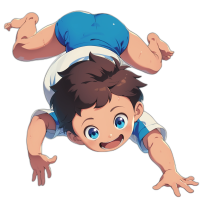 A cute little boy with brown hair and blue eyes, wearing white shorts over his navy top is doing the backflip pose in the style of anime, his hands on the ground as he turns upside down, smiling, his face is happy and cheerful, black background, 2D flat illustration.