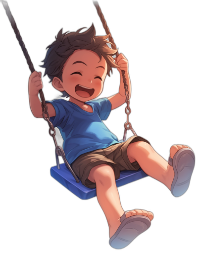 A cute happy little boy with short hair is sitting on the blue swing, wearing shorts and a light colored t-shirt in the style of anime. Black background. He has his hands hanging down from above him as he smiles happily. The composition focuses on the character, creating an atmosphere full of vitality and happiness. This cartoon character's illustration depicts detailed facial expressions, fashionable  styles, and high-definition details.