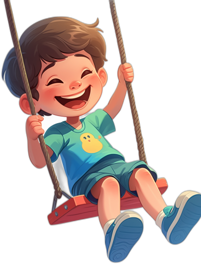 A cute little boy with brown hair and blue eyes, wearing shorts and a t-shirt, smiling while swinging on the swing in the style of cartoon. Vector art with a black background and vibrant colors. High resolution, detail, quality, definition, sharpness, focus and clarity. Hyper realistic.