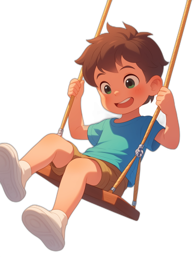 A cute little boy with brown hair and green eyes is sitting on the swing, wearing white shoes and blue shorts, smiling happily. The illustration is in a flat style with a black background. It is a high quality, high resolution cartoon character design in the style of Disney Pixar animation.