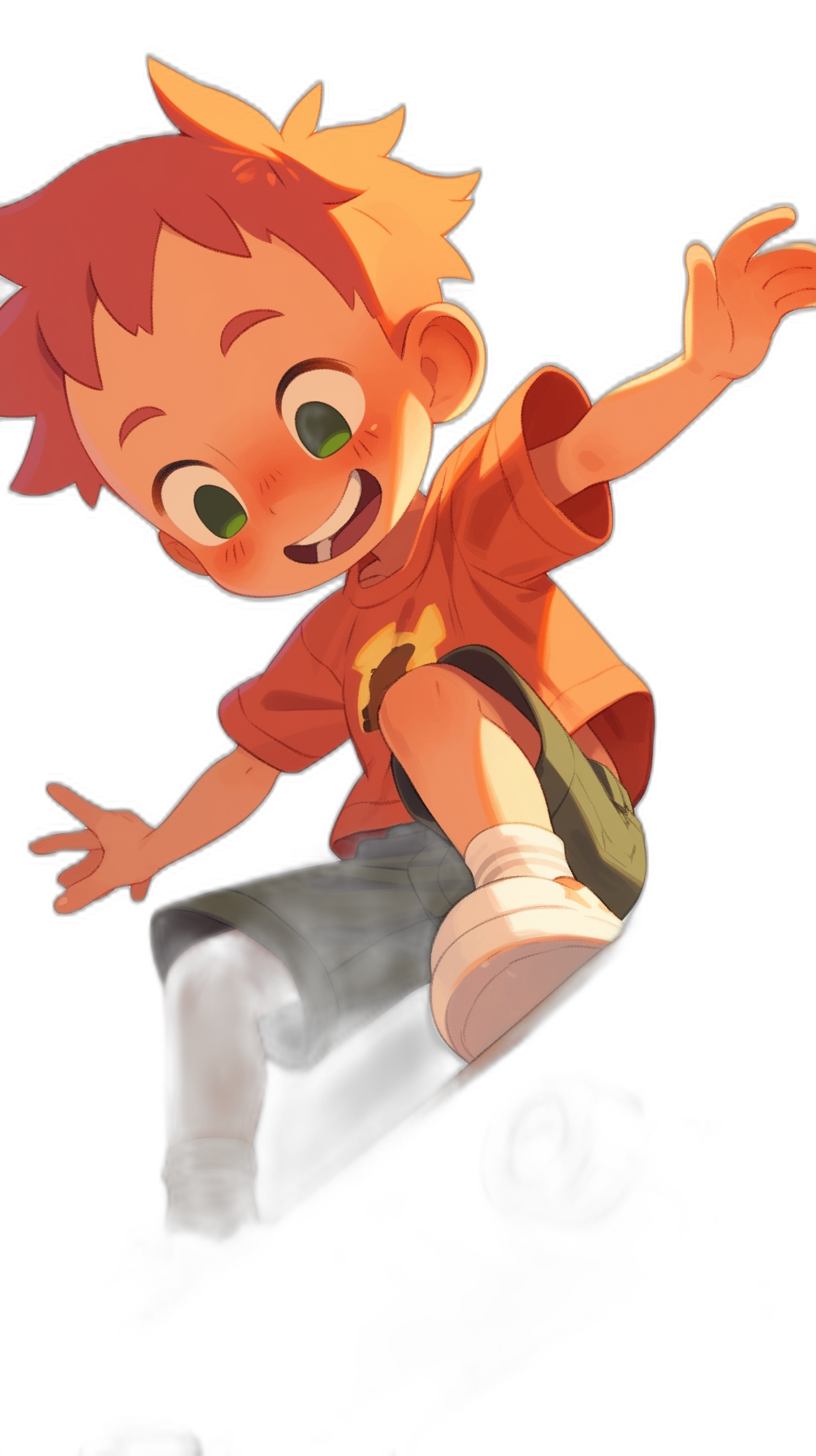 A cute little boy is flying in the air, smiling happily, with green eyes and short hair, wearing an orange shirt and black shorts. The background color of his  changes from red to white to dark brown, and he has illustrations in the style of anime and Q-version cartoons. Black solid background.