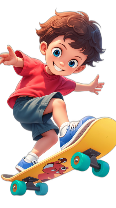 A cute boy is skateboarding in the style of cartoon, in the style of Disney Pixar, against a black background, with high resolution, colorful, high detail, no shading details, rendered in 3D, high quality, in the best style of Pixar, best quality graphics.