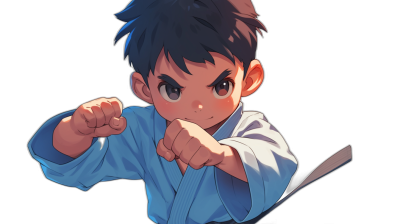 A cute boy in blue martial arts , with short black hair and brown eyes is practicing karate moves. The background color of the illustration should be pure black to highlight his character. He has both hands clasped together as if about to punch someone or break something. His expression appears focused on what he's doing, conveying confidence and determination. In the style of anime, in the style of [Studio Ghibli](https://goo.gl/search?artist%20Studio%20Ghibli) anime.