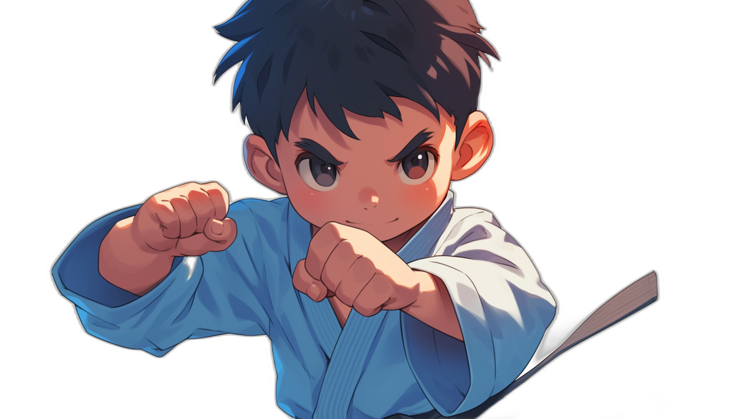 A cute boy in blue martial arts , with short black hair and brown eyes is practicing karate moves. The background color of the illustration should be pure black to highlight his character. He has both hands clasped together as if about to punch someone or break something. His expression appears focused on what he’s doing, conveying confidence and determination. In the style of anime, in the style of [Studio Ghibli](https://goo.gl/search?artist%20Studio%20Ghibli) anime.