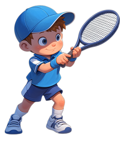 Cute cartoon boy playing tennis, wearing a blue cap and shirt with white stripes on the sleeves, holding a racket in his right hand, against a black background, in the style of Disney, with Pixar-like animation, as a character design for a game, with high resolution and clear details, of high quality.