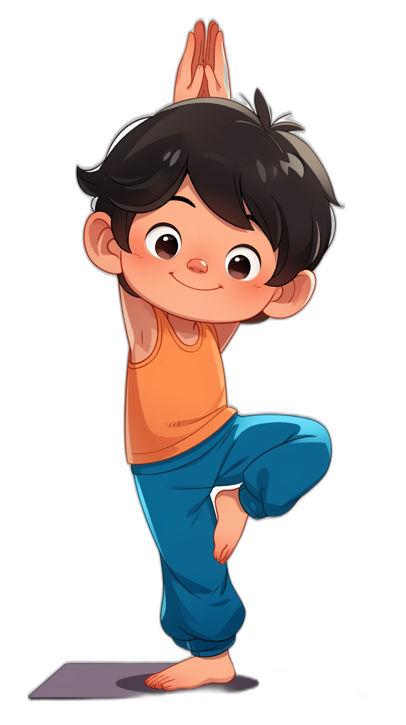 A cute little Asian boy is doing yoga in the style of Disney animation, with a simple cartoon style on a black background. The simple illustration style uses simple chibi characters with a full body portrait and flat color application. It is a high quality, high resolution picture. He has short hair and wears blue pants and an orange T-shirt. The right hand lifting the head forms two fingers on his forehead, while one foot stands in tree pose. His other leg is folded under him.