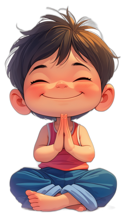 A cute little boy with his hands clasped together, smiling and meditating in the lotus position. The illustration is done in the style of anime. Black background. In cartoon style. A full-length portrait of a person from head to toe. It's like he has just finished yoga class and smiles at us, vector graphics. High resolution, high detail, high quality, high definition, high contrast, high sharpness.