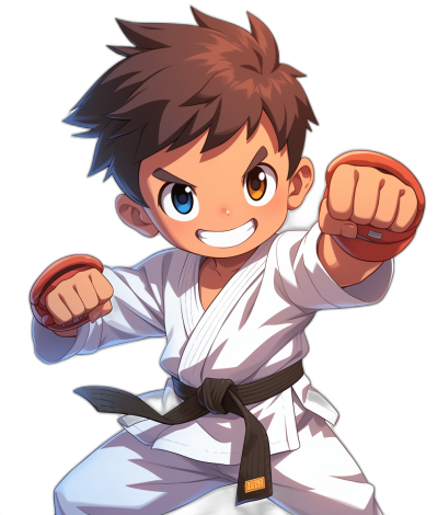 A young boy with brown hair and blue eyes, wearing white karate robes and a black belt, doing a high kick pose and smiling big in the style of anime art on a black background with a chibi character design in the style of 2d game art.