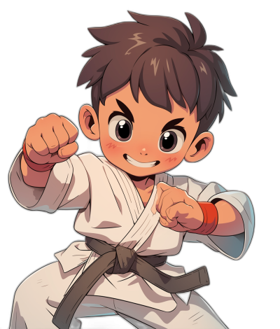 A young boy in a karate outfit doing martial arts with a black background and in a cute cartoon style. The character is smiling while striking a pose with his fists raised above his head. He has short brown hair and wears white  underneath. His eyes have an excited expression as he looks towards you. There is no text or other elements around him, just plain space for easy nighttime asset placement.