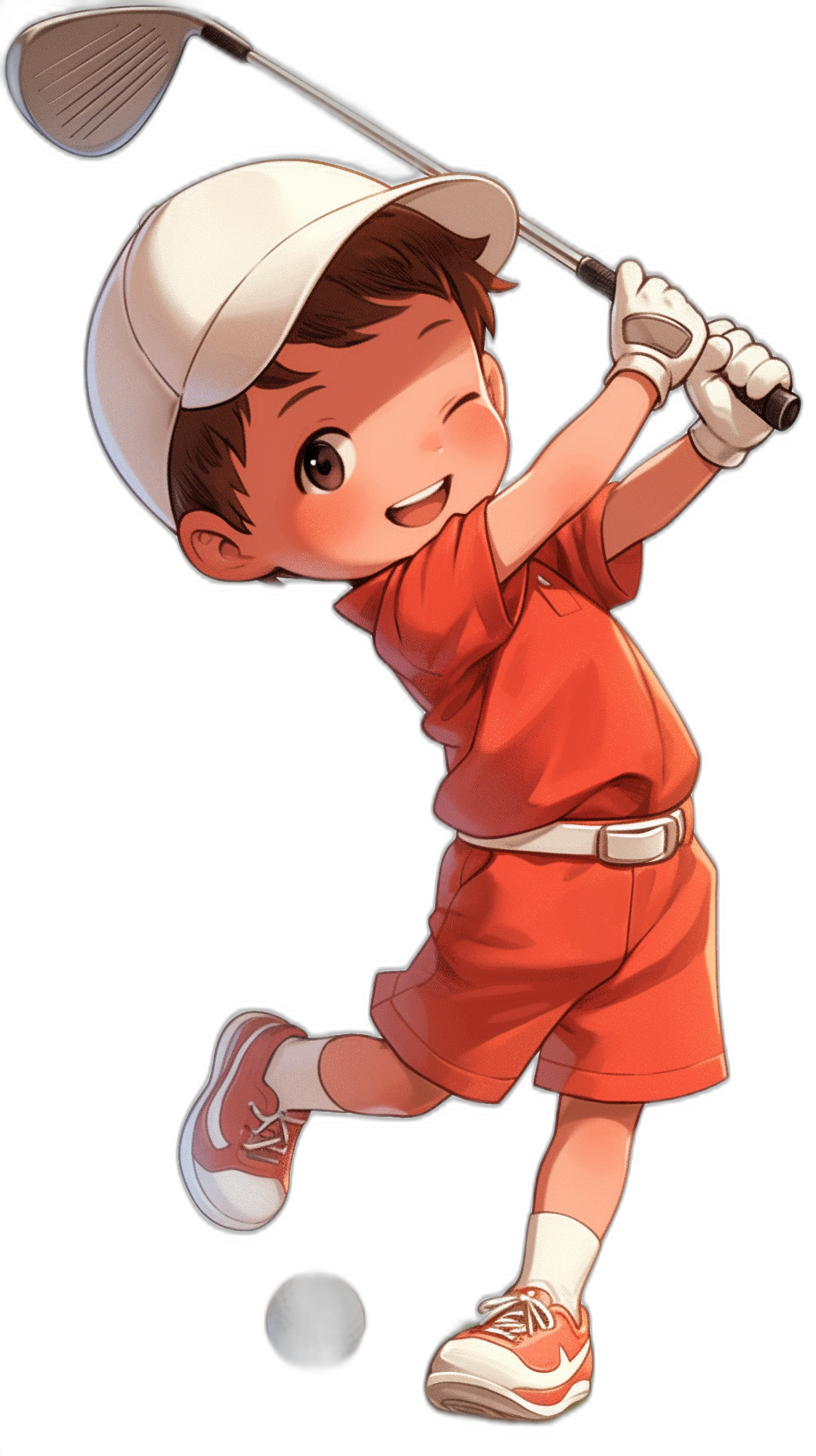 A cute little boy playing golf, wearing red shorts and white shoes with a black background in the style of Japanese anime. The character is smiling while swinging his club to hit an iron ball towards the viewer. He has brown hair and wears a cap on top, dressed in casual attire and exuding charm and cuteness, with a focus on his face.