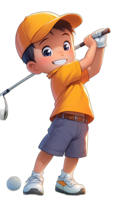 A cute boy playing golf, wearing an orange cap and yellow shirt with gray shorts, smiling happily while holding the club in his hand. The background is black, with high-definition details. In the style of Disney cartoon character design. Black background.