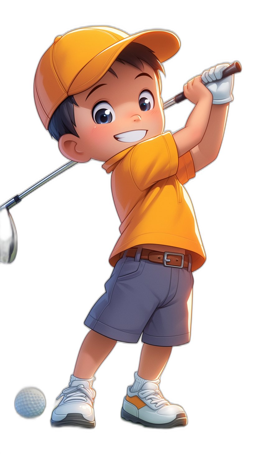 A cute boy playing golf, wearing an orange cap and yellow shirt with gray shorts, smiling happily while holding the club in his hand. The background is black, with high-definition details. In the style of Disney cartoon character design. Black background.