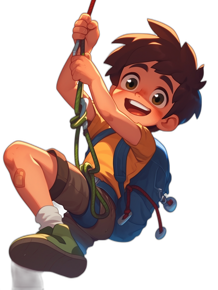 A cartoon character of an excited boy hanging on an oak tree, wearing climbing gear and shorts with a black background, in the style of Disney Pixar Animation, 2D game design asset. He has brown hair and is smiling at his last day out to play rock climbing. The scene should be bright and colorful. It must have a high level of detail, clear edges and sharp focus. This will make it stand out well against a dark background.