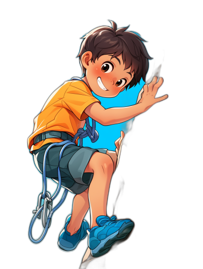 A cute cartoon boy in climbing gear, depicted in the style of an anime character with dark brown hair and blue eyes, is sitting on top of the bungee jumping chair while smiling and reaching out to touch his hand against a pure solid background. He is dressed in a bright orange t-shirt and black shorts. The illustration style should have vibrant colors and exaggerated proportions typical for Japanese animation.