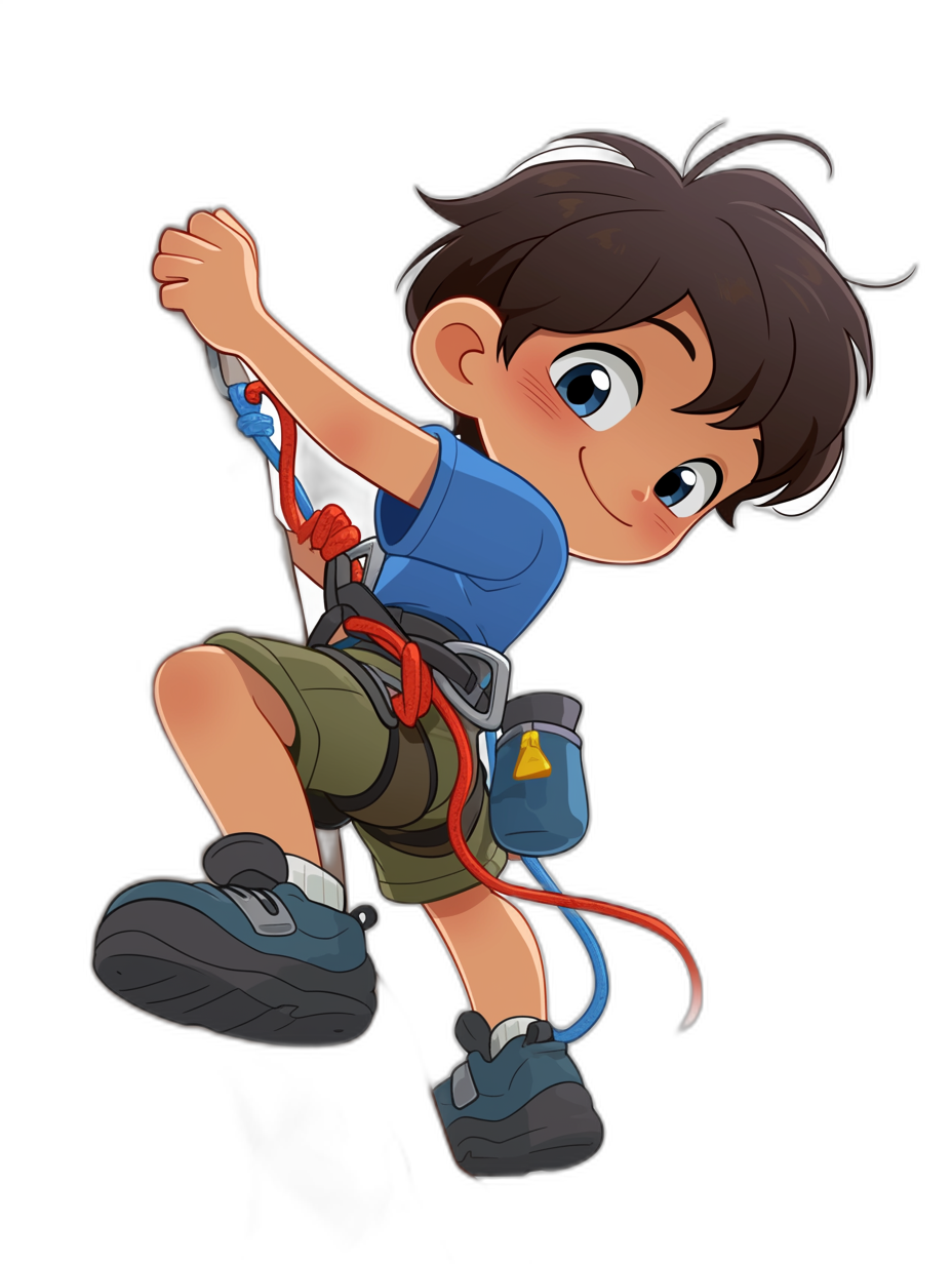 A cute little boy in blue shirt and green shorts, with black hair, is rock climbing while smiling at the camera. He has short brown hair and wears white socks on his feet, wearing gray shoes. The character’s body proportions are well balanced, with an illustration style that gives it a lively appearance. Black background. Cartoon or anime style. A red rope hangs from behind him to hit someone.