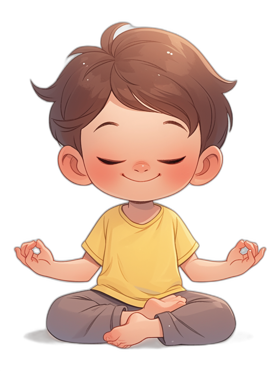 A cute little boy sitting in the lotus position, smiling and meditating with closed eyes, wearing a yellow t-shirt and grey pants. The illustration is in a simple vector style with flat lines on a black background. It depicts a chibi character in a cute cartoon style. The digital art is a high resolution, high quality 2D drawing with high detail, in the style of Pixar and Disney.