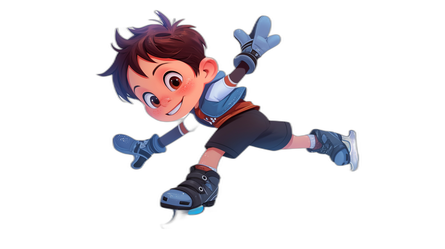 A cute cartoon boy is flying on ice skates against a black background in the style of character design for a mobile game, concept art in the style of Pixar studio.